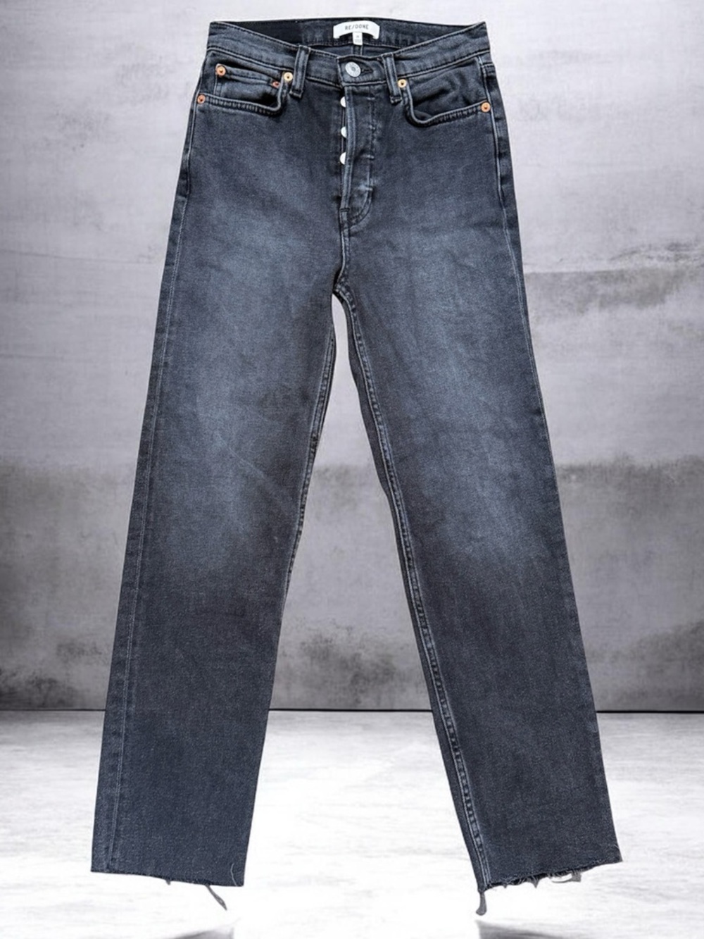 RE/DONE 70’s Ultra High Rise Stove Pipe Washed Noir Size 25 Raw Hem EUC